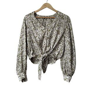 Peasant Boho Paisley Top Small Puff Sleeve Button Front Tie Western Cowgirl